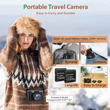 Load image into Gallery viewer, Fulealfly 4K Digital Camera for Photography and Video, 48MP Vlogging with SD Card Autofocus Anti-Shake, 3'' 180 Flip Screen Flash 16X Zoom, Compact Travel (2 Batteries), Black_84
