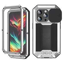 Load image into Gallery viewer, FunnyWin FW Compatible with iPhone 15 Pro Max Metal Case with Slide Camera Cover Built in Screen Protector Kickstand Full Body Hybrid Military Heavy Duty Armor Silicone Case for Man (Sliver), Silver_1
