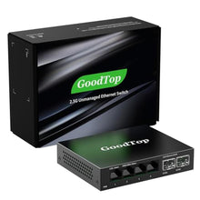 Load image into Gallery viewer, GoodTop 2.5Gb Ethernet Switch Unmanaged,4 x 2.5G Base-T Port and 2 x 10G SFP+ ,Multi-Gigabit 10/100/1000Mbps Network Switch,60Gbps Switching Capacity,Metal Fanless Homelab Setup, Black_1
