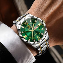 Load image into Gallery viewer, Gosasa Luxury Men's and Women's Business Diamond Stainless Steel Waterproof Roman Numeral Analog Quartz Watch with Day-Date Calendar, Gold and Silver Tone (M-Gold Green, Men), MgoldGreen_3834
