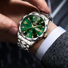 Load image into Gallery viewer, Gosasa Luxury Men's and Women's Business Diamond Stainless Steel Waterproof Roman Numeral Analog Quartz Watch with Day-Date Calendar, Gold and Silver Tone (M-Gold Green, Men), MgoldGreen_3835
