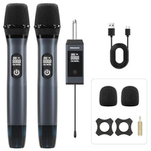 Load image into Gallery viewer, GPBJQAOO Wireless Microphone, UHF Dual Wireless Metal Dynamic Microphone System with Rechargeable Receiver, Suitable for Karaoke Singing, Weddings DJ Party, Speech, Church, Classroom use, 200 feet, Irongray_1

