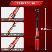 Load image into Gallery viewer, Hairich 3/8-Inch Torque Wrench, Dual-direction Torque Wrenches 10-100ft.lb/13.6-135.6Nm, 72-Tooth Dual Range Scales Torque Wrench with Quick Release Reversible Head, Blackred_6725
