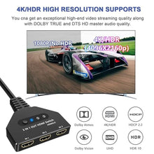 Load image into Gallery viewer, HDMI Switch, HDMI Splitter 3 in 1 Out 4K@60Hz, 3-Port Switcher Selector with Pigtail Cable, Multi-Port Hub Supports 3D, HDCP2.2, HDR Compatible with Laptop, Xbox, Blu-Ray Player, Etc., Black_5737
