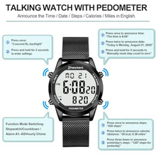 Load image into Gallery viewer, Hearkent Pedometer Talking Watch with EL Backlight,English Announces-2306, black_820
