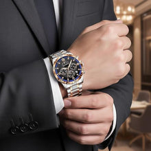 Load image into Gallery viewer, Heyssen Watches for Men Stainless Steel: Dress Watch for Mens Quartz Analog Wrist Luxury Black Metal Tone Blue Dial Big Classic Diver Waterproof Chronograph Black Face Business Man Gift, SilvergoldCaseBlueBezel_3634

