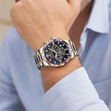 Load image into Gallery viewer, Heyssen Watches for Men Stainless Steel: Dress Watch for Mens Quartz Analog Wrist Luxury Black Metal Tone Blue Dial Big Classic Diver Waterproof Chronograph Black Face Business Man Gift, SilvergoldCaseBlueBezel_3637
