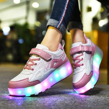 Load image into Gallery viewer, HHSTS Kids Shoes with Wheels LED Light Color Shoes Shiny Roller Skates Skate Shoes Simple Kids Gifts Boys Girls The Best Gift for Party Birthday Christmas Day(11.5 Little Kid,White Pink), EwhitePink_1721
