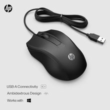 Load image into Gallery viewer, HP Wired Mouse 100 - Precise Optical Sensor with 1600 DPI - Easy USB Connection - Ambidextrous Design - 3 Button Control &amp; Built-in Scrolling - Multi-OS Compatible (6VY96AA#ABL), Black_17
