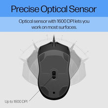 Load image into Gallery viewer, HP Wired Mouse 100 - Precise Optical Sensor with 1600 DPI - Easy USB Connection - Ambidextrous Design - 3 Button Control &amp; Built-in Scrolling - Multi-OS Compatible (6VY96AA#ABL), Black_18
