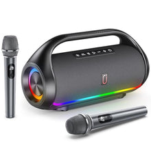 Load image into Gallery viewer, HWWR Portable Bluetooth Speaker with 2 Wireless Microphones, Loud Portable Speakers System, Deep Bass, Echo &amp; Vocal Cut, IPX5 Water Resistant Outdoor Party PA Audio for Adults Kids Home Singing, Black_1
