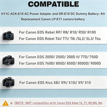 Load image into Gallery viewer, HY1C LP-E17 Dummy Battery DR-E18 DC Coupler, ACK-E18 AC Power Adapter Kit, Continuous Power Supply for Canon EOS R50 R8 R10 R100 RP, Rebel T6i T7i T8i T6s SL2 SL3 77D 200D 250D 800D 850D 9000D Camera, Black_238
