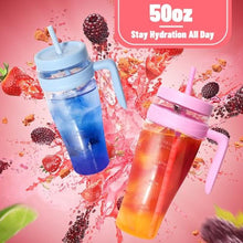 Load image into Gallery viewer, Hydraful 50 oz Tritan Plastic Tumbler with Lid and Straw and Handle - 100% Leak-Proof - Perfect for Iced Coffee, Smoothies, and Juice - Wide Mouth Reusable Water Bottle with Time Marker, PurplePetunia_6571
