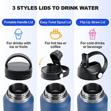 Load image into Gallery viewer, HYDROWION Insulated Water Bottles, Water Bottle fits in Car Cup Holder (Cold 48 hrs, Hot 24 hrs) with Straw Lid, Spout Lid and Flex Cap,T-shpaed Water Bottle Leakproof Travel Thermo Tumbler,Blue&amp;Black, BlueBlack_6799
