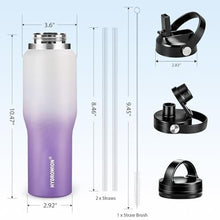 Load image into Gallery viewer, HYDROWION Stainless Steel Water Bottle, 32oz Tumbler Water Flask W/Straw Lid, Spout Lid and Flex Cap, Insulated Water Bottle (Cold for 48 Hrs,Hot for 24 Hrs) Fit in Any Car Cupholder,White&amp;Purple, WhitePurple_6808
