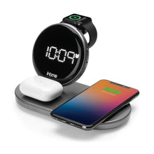 Load image into Gallery viewer, iHome POWERBOOST Quad 4-in-1 Dual Qi Wireless Fast Charger, Airpod Charging, Apple Watch Charger, and USB Charging Alarm Clock, 30W Total Power Output (iWW33), black_1
