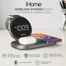 Load image into Gallery viewer, iHome POWERBOOST Quad 4-in-1 Dual Qi Wireless Fast Charger, Airpod Charging, Apple Watch Charger, and USB Charging Alarm Clock, 30W Total Power Output (iWW33), black_1268
