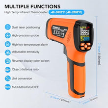 Load image into Gallery viewer, Infrared Thermometer Temperature Gun, -40-3632, High Temp Thermometer with Thermocouple Probe, Non-Contact 50:1 Pyrometer Dual Laser Thermometer Gun for Engine, Kiln, Forging, Industrial, OrangeFFC_2973
