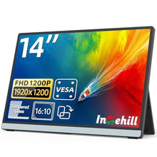 Load image into Gallery viewer, Intehill 14 Inch Portable Monitor, 1920x1200 Portable Display with Fully Covered Tempered Glass, 16:10 HDMI USB-C External Display with Speakers and Stand, Monitor, Black_1
