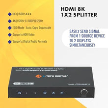 Load image into Gallery viewer, J-Tech Digital HDMI Splitter 1 in 2 Out 4K 120Hz 8K 60Hz, HDMI 2.1 Splitter Supports 8K Downscale to 4K 1080P, 3 EDID Modes, HDCP Compliant Compatible with HDR &amp; Dolby Vision [JTECH-8KSP12]_1273

