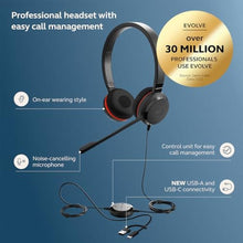 Load image into Gallery viewer, Jabra Evolve 20 SE Wired Dual-Ear Headset with Microphone for Work, USB-A and USB-C Wired Headphones, Microsoft Teams Certified, On-Ear Comfort, Connects to Laptops, iPhone &amp; Android Devices, Mono_3644
