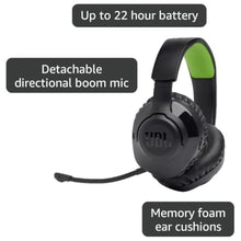Load image into Gallery viewer, JBL Quantum 360X - Wireless Consol Over-Ear Gaming Headset for Xbox with Detachable Boom mic, Up to 22-Hour Battery Life, Memory Foam Comfort, Compatible with Windows Sonic Surround Sound (Black), BlackGreen_1072
