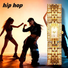 Load image into Gallery viewer, JewelryWe Women's Square Iced-Out Watch - Hip Hop Gold Bling Analog Quartz Full Diamond Elegant Wristwatch for Ladies Halloween Costumes_1661
