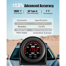 Load image into Gallery viewer, JJCOCO 1800F Pyrometer Exhaust Gas Temp Gauge Kit with 1/8NPT Type K EGT Sensor &amp; Bracket LED Digital Display Exhaust Gas Temperature Meter for Car &amp; Truck 2-1/16" (52mm), Red_272
