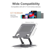 Load image into Gallery viewer, JUANWE Swivel iPad Stand for Desk, Aluminum Tablet Stand for Desk with 360 Rotating Base, Adjustable &amp; Foldable iPad Holder, Compatible with Tablets, Switch, Kindle, Phone, Black_4896
