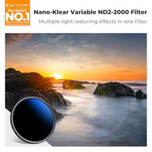 Load image into Gallery viewer, K&amp;F CONCEPT 55mm Variable ND2-2000 (1-11 Stops) ND Camera Lens Filter-18 Multi-Coated Adjustable Neutral Density Filter with 3 Vacuum Cleaning Cloths (K-Series)_7451
