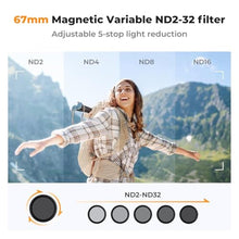 Load image into Gallery viewer, K&amp;F CONCEPT Clip On 67mm Variable ND2-32 Magnetic Phone Lens Filter Kit, Phone Clip with Magnetic Adapter Ring/Cold Shoe/Locking Knob, Neutral Density Filter Compatible with iPhone 16 15 Pro Max 14 13_2055
