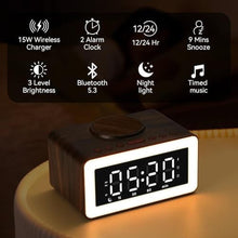Load image into Gallery viewer, Keweiwo Wooden Bluetooth Speaker Alarm Clock with Wireless Charging, 0-100% Adjustable Brightness Dimmer, 2 Alarms, 9 Mins Snooze, 12/24h, Led Night Digital Clock for Bedrooms, Office,Travel(Black)_5790
