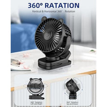 Load image into Gallery viewer, KIDEE Portable Clip on Fan, Small Desk Fan Battery Operated, 360 Rotation, Cute Design, 3 Speed, Mini Table Fan USB Rechargeable, Personal Cooling Baby Stroller Fan for Home Office Outdoor Travel, Black_6327
