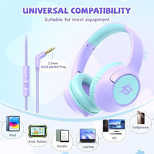 Load image into Gallery viewer, Kids Wired Headphones for School, 85/94 dB Volume Limit, Wired Over Ear Headphones for Girls Kids with Microphone, Foldable Stereo Sound 3.5mm Wire Cord for Kindle Tablet Airplane Travel, Purple_7302
