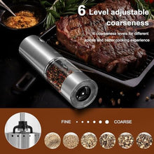 Load image into Gallery viewer, KitchenBro Electric Salt and Pepper Grinder Set 6 Levels Adjustable Coarseness Refillable Stainless Steel Auto Salt and Pepper Grinder Mill Usb Rechargeable with Lights, large, Silver, H52-BS_699
