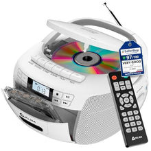 Load image into Gallery viewer, KLIM CD Player &amp; Cassette Tape Player, Bluetooth Boombox, AM/FM Radio, Stereo Sound, Remote, CD and Cassette Combo, Tape Recording, USB Drive, AUX, AC/DC Powered - White_1
