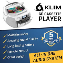 Load image into Gallery viewer, KLIM CD Player &amp; Cassette Tape Player, Bluetooth Boombox, AM/FM Radio, Stereo Sound, Remote, CD and Cassette Combo, Tape Recording, USB Drive, AUX, AC/DC Powered - White_2
