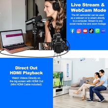 Load image into Gallery viewer, KLIOMAX 4K/6K Video Camera Camcorder 64MP Vlogging Camera for YouTube, 60FPS, 18X Zoom, WiFi, Webcam Includes Mic, Stabilizer, 64GB Card &amp; Remote, BLACK_1434

