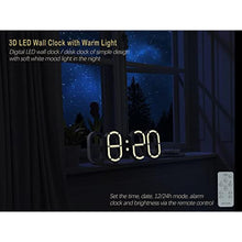 Load image into Gallery viewer, KOSUMOSU Digital Clock 3D Led Wall Clock 9.7" Desk Clock Led Clock for Living Room Bedroom,Remote Control 12/24H Temperature Nightlight Large Display, inLedClockwarmLight_6892
