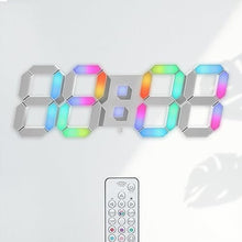 Load image into Gallery viewer, KOSUMOSU LED Wall Clock 15" RGB Digital LED Clock for Living Room Decor, Large Display Gaming Room Clocks, Dimming/12/24 Hr Time/Date/Temp/Remote (White Clock with Neon Light), inWallClockneonLight_1
