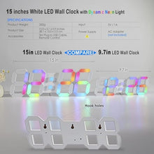 Load image into Gallery viewer, KOSUMOSU LED Wall Clock 15" RGB Digital LED Clock for Living Room Decor, Large Display Gaming Room Clocks, Dimming/12/24 Hr Time/Date/Temp/Remote (White Clock with Neon Light), inWallClockneonLight_6777
