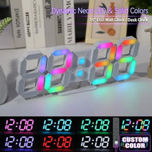 Load image into Gallery viewer, KOSUMOSU LED Wall Clock 15" RGB Digital LED Clock for Living Room Decor, Large Display Gaming Room Clocks, Dimming/12/24 Hr Time/Date/Temp/Remote (White Clock with Neon Light), inWallClockneonLight_6779
