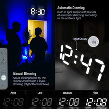 Load image into Gallery viewer, KOSUMOSU Wall Clock 15" 3D LED Digital Clock for Bedroom,Large Digital Wall Clock for Living Room Decor,Modern Aesthetic Led Clock with Remote Control, inWallClockwhiteLight_6834
