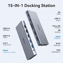 Load image into Gallery viewer, Laptop Docking Station with 2 HDMI/VGA, 100W PD, Ethernet, 5 USB-C Ports and Multi-Monitor Support for MacBook, Dell, HP, Lenovo, Surface, Greyin_443
