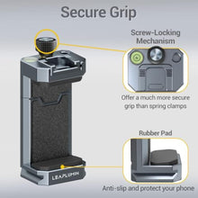 Load image into Gallery viewer, Leaplumin Aluminum Phone Mount for Tripod, Adjustable Phone Tripod Mount with Cold Shoe &amp; Arca Swiss Quick Release Plate,Universal Adjustable Clamp Suitable for iPhone 14 pro/13 Pro/12/11/Samsung, Gray_8385
