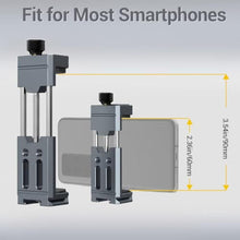 Load image into Gallery viewer, Leaplumin Aluminum Phone Mount for Tripod, Adjustable Phone Tripod Mount with Cold Shoe &amp; Arca Swiss Quick Release Plate,Universal Adjustable Clamp Suitable for iPhone 14 pro/13 Pro/12/11/Samsung, Gray_8386
