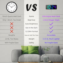 Load image into Gallery viewer, LED Digital Wall Clock with Dynamic RGB Display, Big Digits, Auto-Brightness, 12/24Hr Format, Modern Electric Small Silent Wall Clock for Living Room, Bedroom, Classroom, Farmhouse, Kitchen, Office_6817
