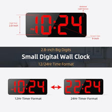 Load image into Gallery viewer, LED Digital Wall Clock with Large Display, Big Digits, Auto-Brightness, 12/24Hr Format, Modern Electric Small Silent Wall Clock for Living Room, Bedroom, Classroom, Farmhouse, Kitchen, Office - Red_7019
