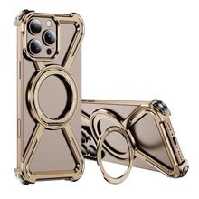 Load image into Gallery viewer, LEMAXELERS Metal Frameless Case for iPhone 16 Pro Max, Compatible with Magsafe, with Kickstand Ring Minimalist Emptiness Heat Dissipation Shockproof Cover for Apple iPhone 16 Pro Max. Gold HJ_1
