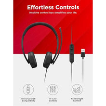 Load image into Gallery viewer, Lenovo USB-A Wired Stereo Headset for PC/Laptop, AI Noise Canceling via APP, 140g Lightweight, Replaceable Earcups, Double-Sided Boom Mic, in-line Controls with Mute for Call. Work with Teams/Zoom, Black_554
